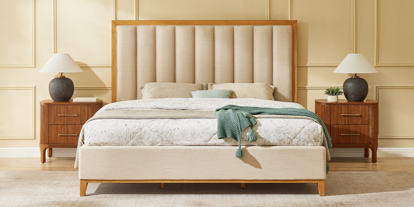 Rowan Upholstered Bed: A king bed size frame with cotton linen fabric, vertical channeling, and a durable solid wood base.
