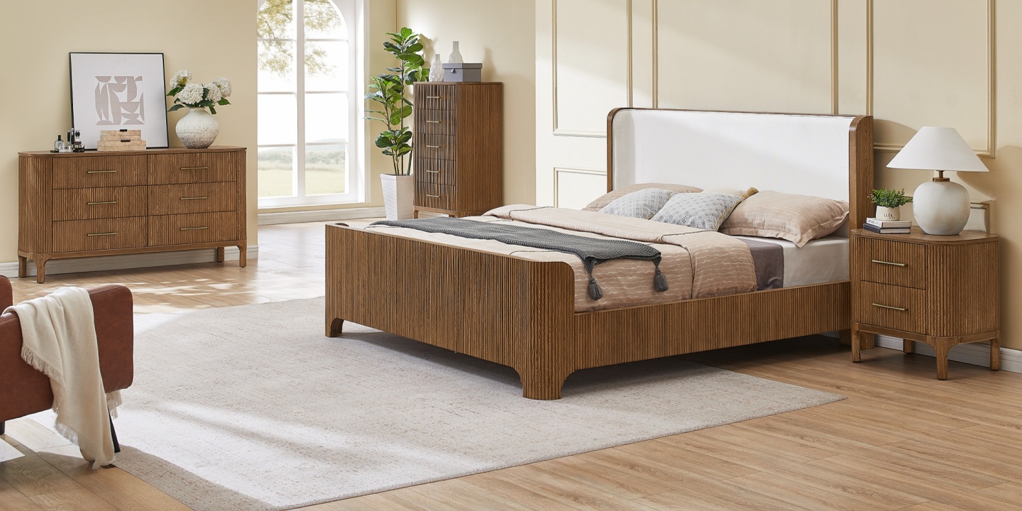 A modern bedroom with the Skugga 63 inch Oak 6-Drawer Dresser, an ideal example of an average dresser size, and coordinating furniture.