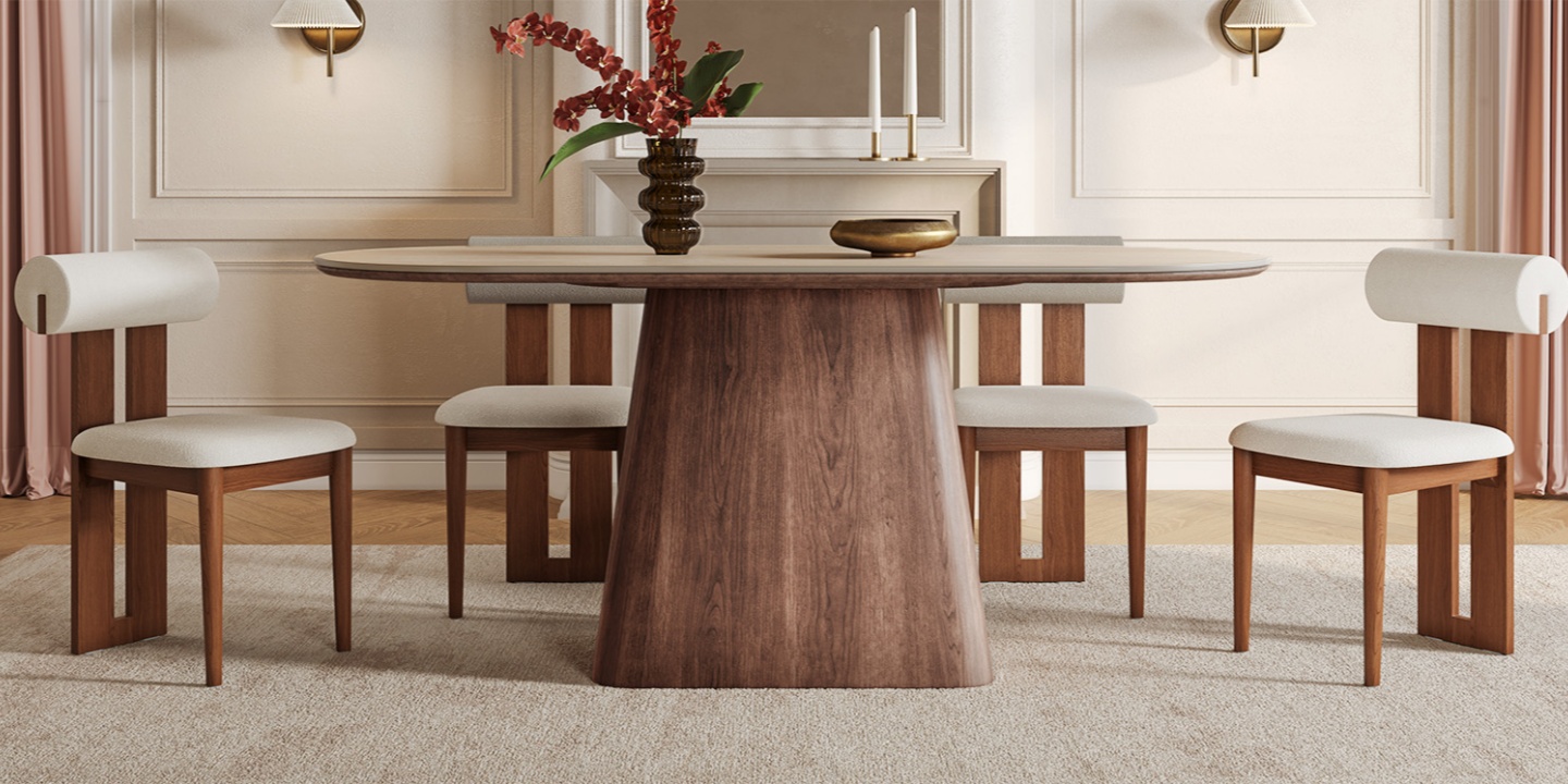 Thorsten 84" Oval Dining Table with engineered stone top and American oak veneer base, featuring a 30-inch height of dining table that blends modern design with natural charm Thorsten 84" Oval Dining Table with engineered stone top and American oak veneer base, featuring a 30-inch height of dining table that blends modern design with natural charm