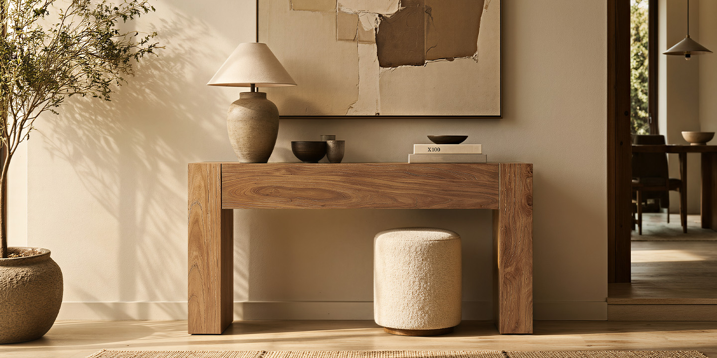 The console table is styled with a ceramic table lamp, minimalist bowls, and books, accompanied by a textured cream-colored ottoman tucked underneath.