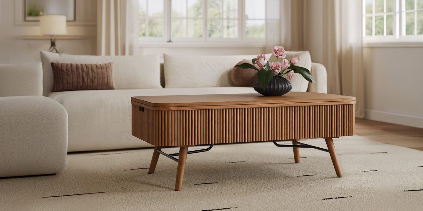 Magnus 47.2" Lift-Top Coffee Table featuring an ash wood and plywood construction with a fluted ash wood veneer finish and metal frame, measuring 47.2"W x 23.6"D x 17.9"H for a modern Matchday living room. Magnus 47.2" Lift-Top Coffee Table featuring an ash wood and plywood construction with a fluted ash wood veneer finish and metal frame, measuring 47.2"W x 23.6"D x 17.9"H for a modern Matchday living room.