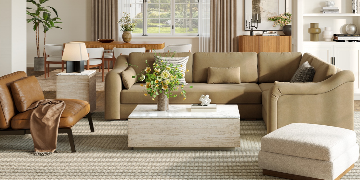 Koselig L-Shaped Sectional Sofa in chenille fabric with a curved, modular design, perfect for creating a cozy and refined soccer summer living space Koselig L-Shaped Sectional Sofa in chenille fabric with a curved, modular design, perfect for creating a cozy and refined soccer summer living space