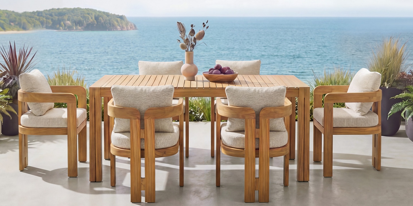 Arles 7-piece outdoor dining set including a rectangular slatted teak table and six matching chairs with quick-drying beige cushions on a scenic coastal patio Arles 7-piece outdoor dining set including a rectangular slatted teak table and six matching chairs with quick-drying beige cushions on a scenic coastal patio