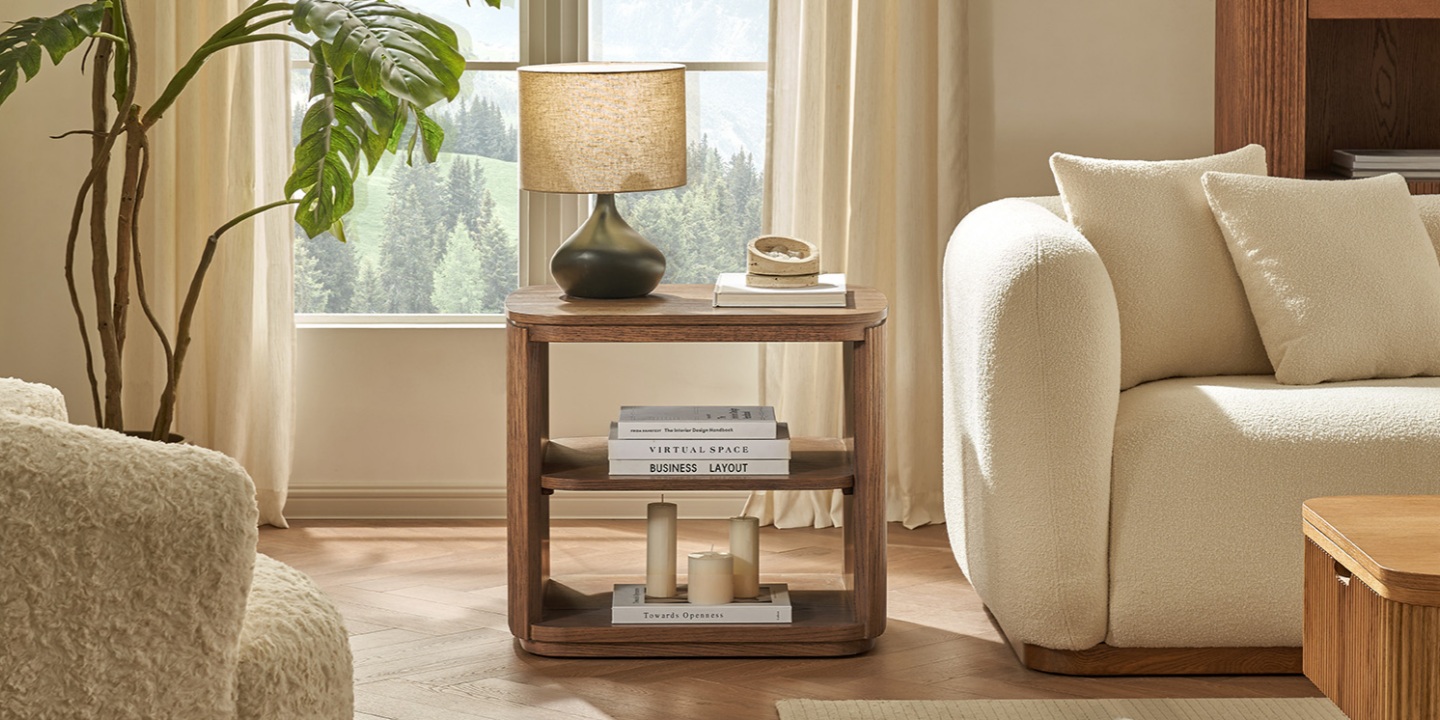 Skugga 25" Oak Side Table, crafted of American solid oak and engineered wood with oak veneers, wire brushed finish, and recessed detailing for a refined look