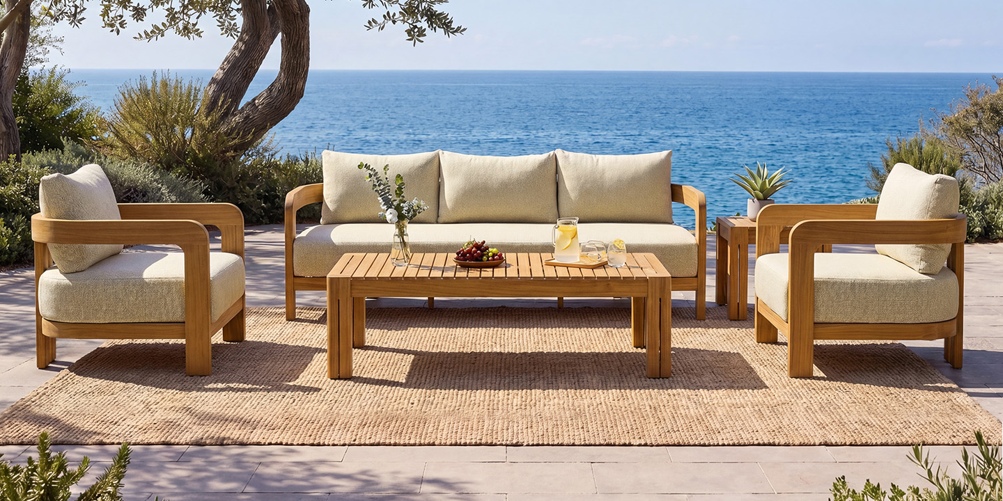 Arles 4-piece outdoor furniture set including a teak sofa, two lounge chairs, and a coffee table, crafted from FSC-certified teak wood with quick-drying polyester cushions for a patio lounge area Arles 4-piece outdoor furniture set including a teak sofa, two lounge chairs, and a coffee table, crafted from FSC-certified teak wood with quick-drying polyester cushions for a patio lounge area