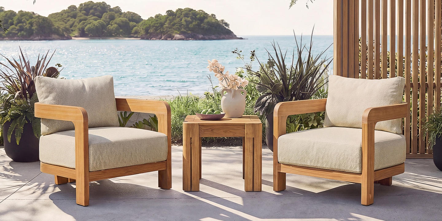 Arles 3-piece outdoor furniture set featuring two solid FSC-certified teak lounge chairs and a matching side table with quick-drying polyester cushions on a patio by the sea Arles 3-piece outdoor furniture set featuring two solid FSC-certified teak lounge chairs and a matching side table with quick-drying polyester cushions on a patio by the sea