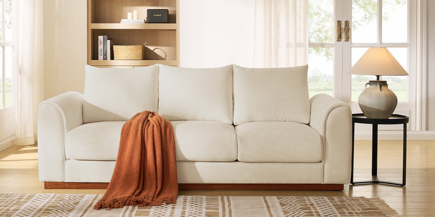 Mid-century modern Lysande cotton blend fabric sofa for sale, featuring a low-profile ash wood base and plush cushions for a refined, comfortable living room style Mid-century modern Lysande cotton blend fabric sofa for sale, featuring a low-profile ash wood base and plush cushions for a refined, comfortable living room style
