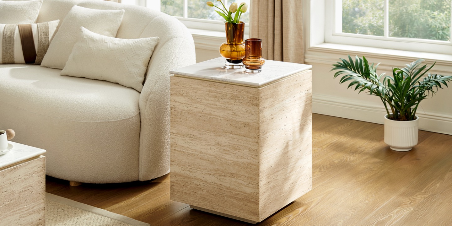 Renata 17" Travertine-Textured Side Table, a square floating silhouette side table with engineered stone top