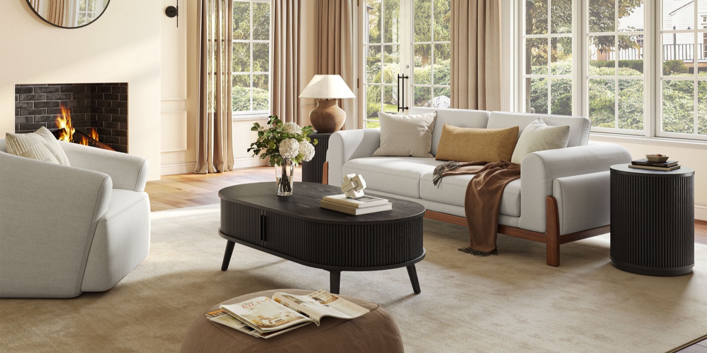 Koseby 88" fabric sofa with soft rounded arms and ash wood frame in a mid-century modern living room