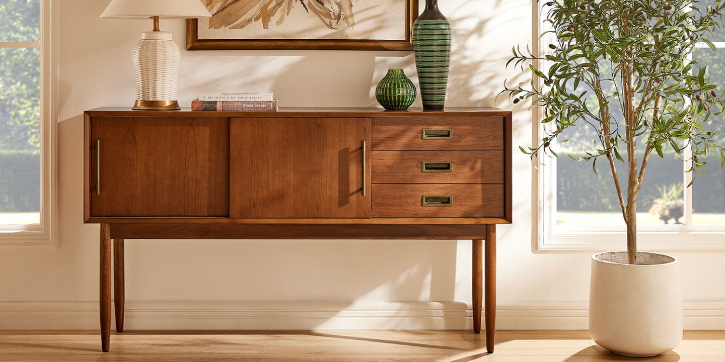 Mid-century modern Kaden 60 inch console table in brown cherry finish featuring tapered legs