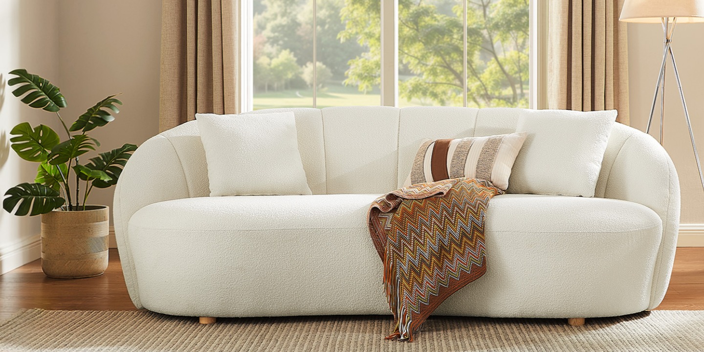 Modern Brisa bouclé polyester fabric sofa for sale, featuring a curved, sculptural design and American solid ash wood and plywood frame for an elegant and comfortable living space Modern Brisa bouclé polyester fabric sofa for sale, featuring a curved, sculptural design and American solid ash wood and plywood frame for an elegant and comfortable living space