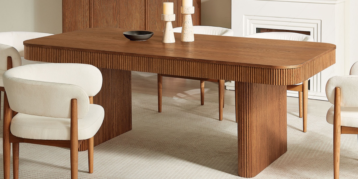 84-inch American solid oak dining room table for 6 featuring modern fluted detailing and rounded corners in a warm wood finish