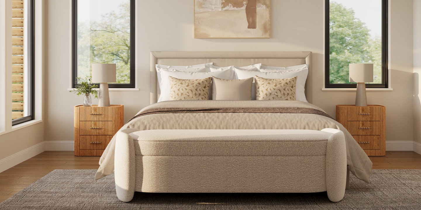 Two 23-inch Astor fluted oak nightstands with three drawers, flanking a bed in a modern, neutral bedroom interior. Two 23-inch Astor fluted oak nightstands with three drawers, flanking a bed in a modern, neutral bedroom interior.
