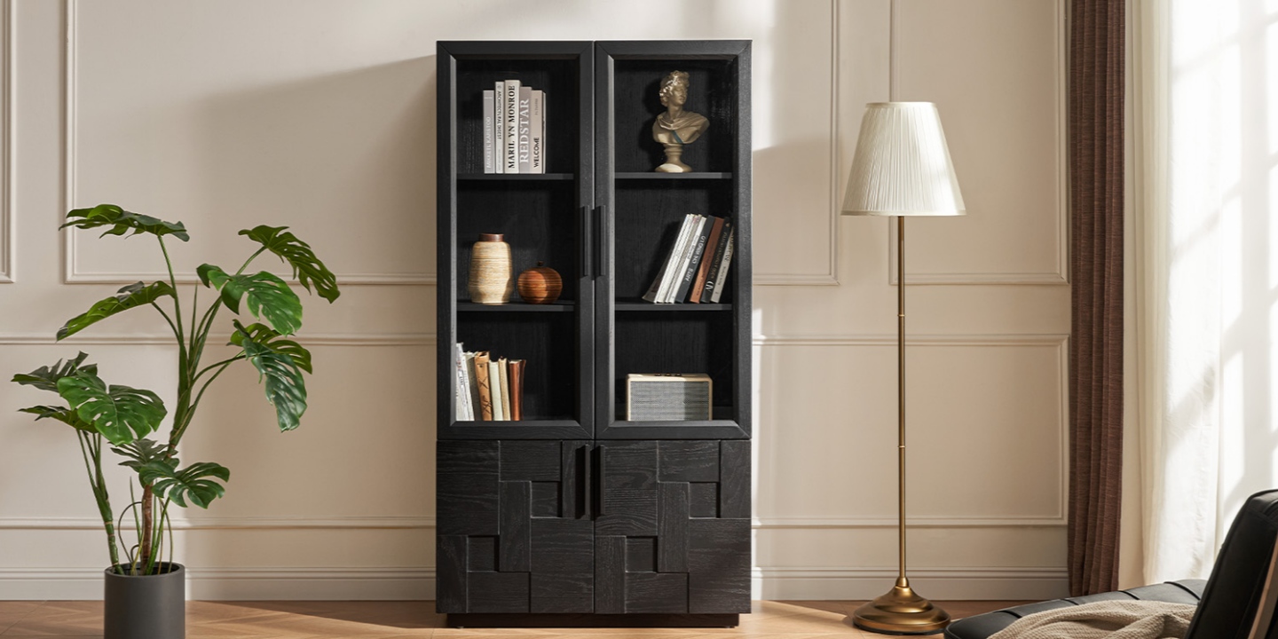 66.9-inch tall matte black cabinet featuring geometric textures, set in a living room scene with a floor lamp and a houseplant. 66.9-inch tall matte black cabinet featuring geometric textures, set in a living room scene with a floor lamp and a houseplant.