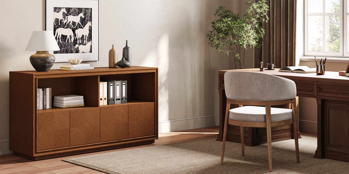 72-inch Thursen warm brown oak bookcase featuring open shelves and textured closed doors, set in an organized home office. 72-inch Thursen warm brown oak bookcase featuring open shelves and textured closed doors, set in an organized home office.