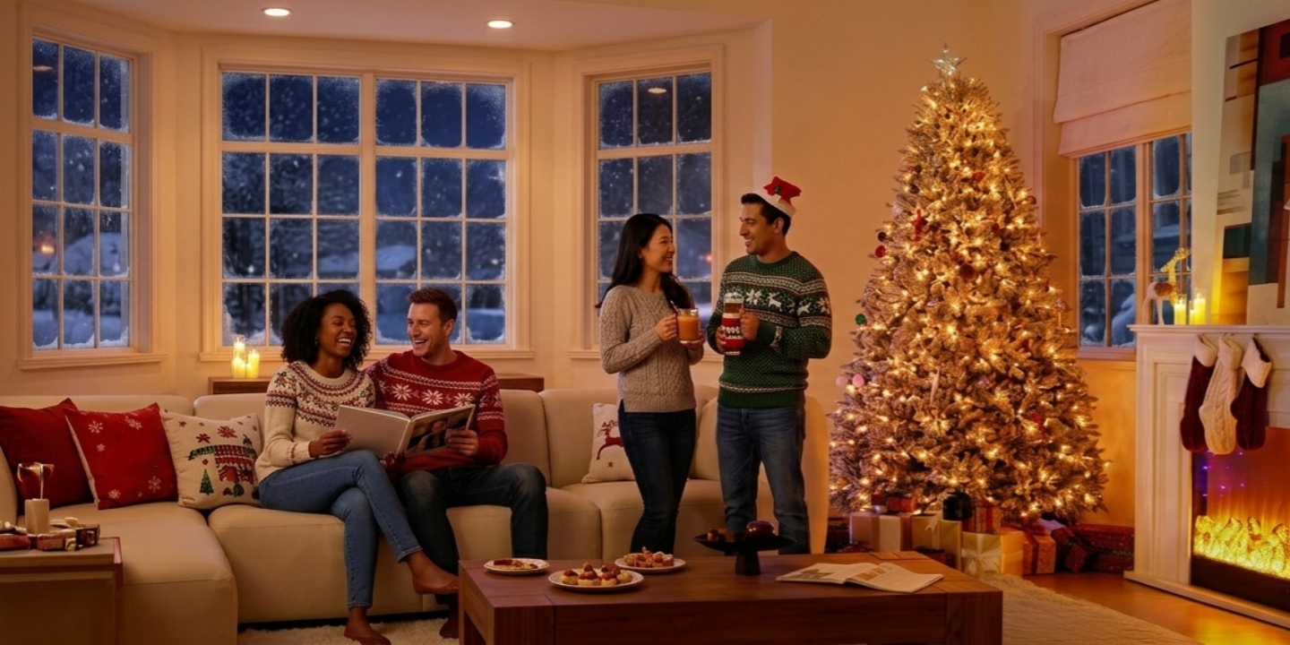 Four friends celebrating Christmas in a cozy, festive living room with a glowing Christmas tree and fireplace.