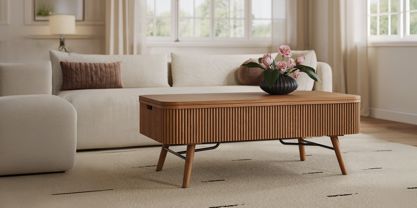 California mid-century modern living room with the Magnus 47 inch lift-top oak coffee table featuring fluted details and a beige sofa. California mid-century modern living room with the Magnus 47 inch lift-top oak coffee table featuring fluted details and a beige sofa.