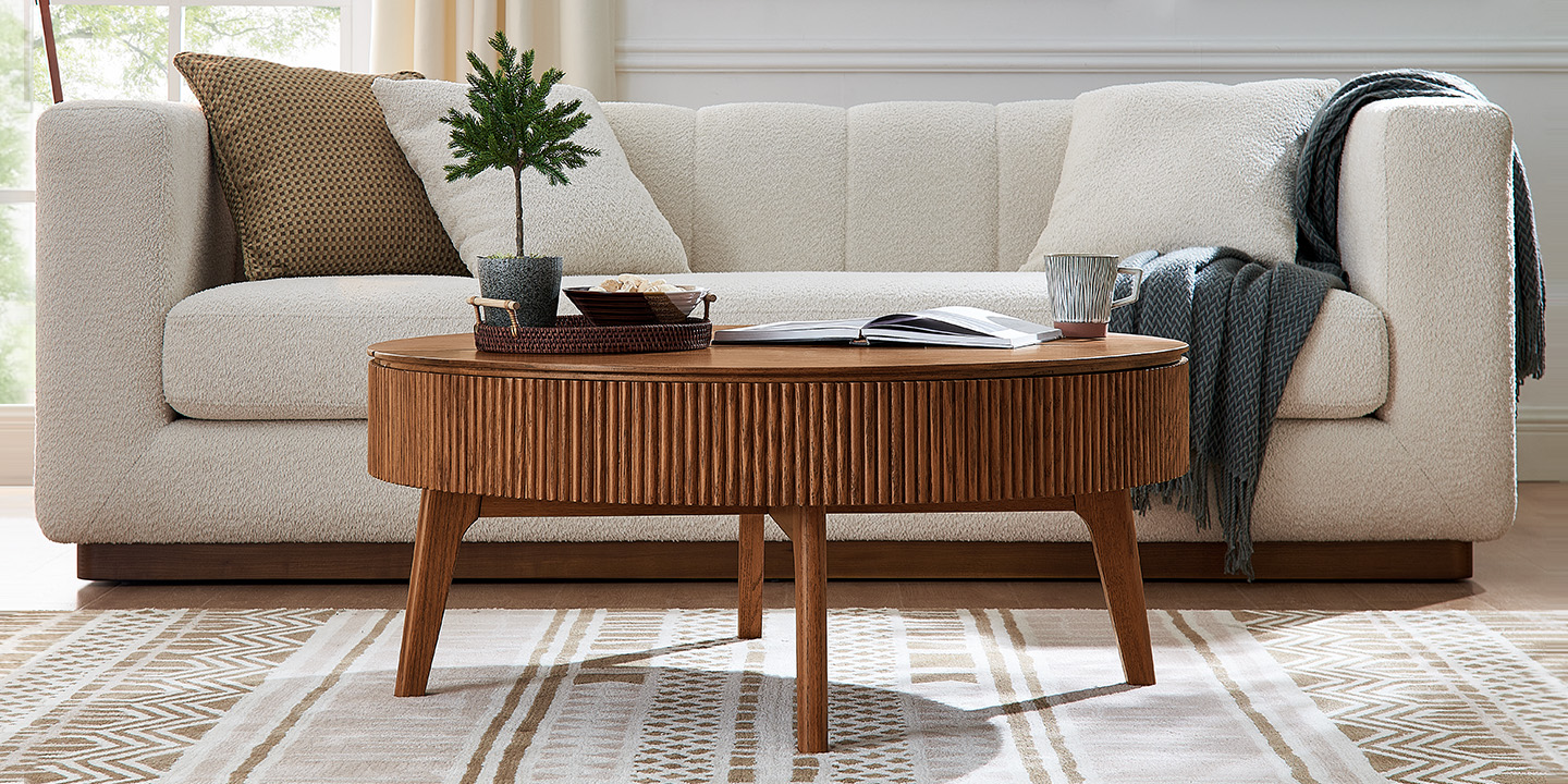 Great coffee table decor ideas come to life on the Magnus 39" oak table, styled with a tray, open book, and plant. Great coffee table decor ideas come to life on the Magnus 39" oak table, styled with a tray, open book, and plant.
