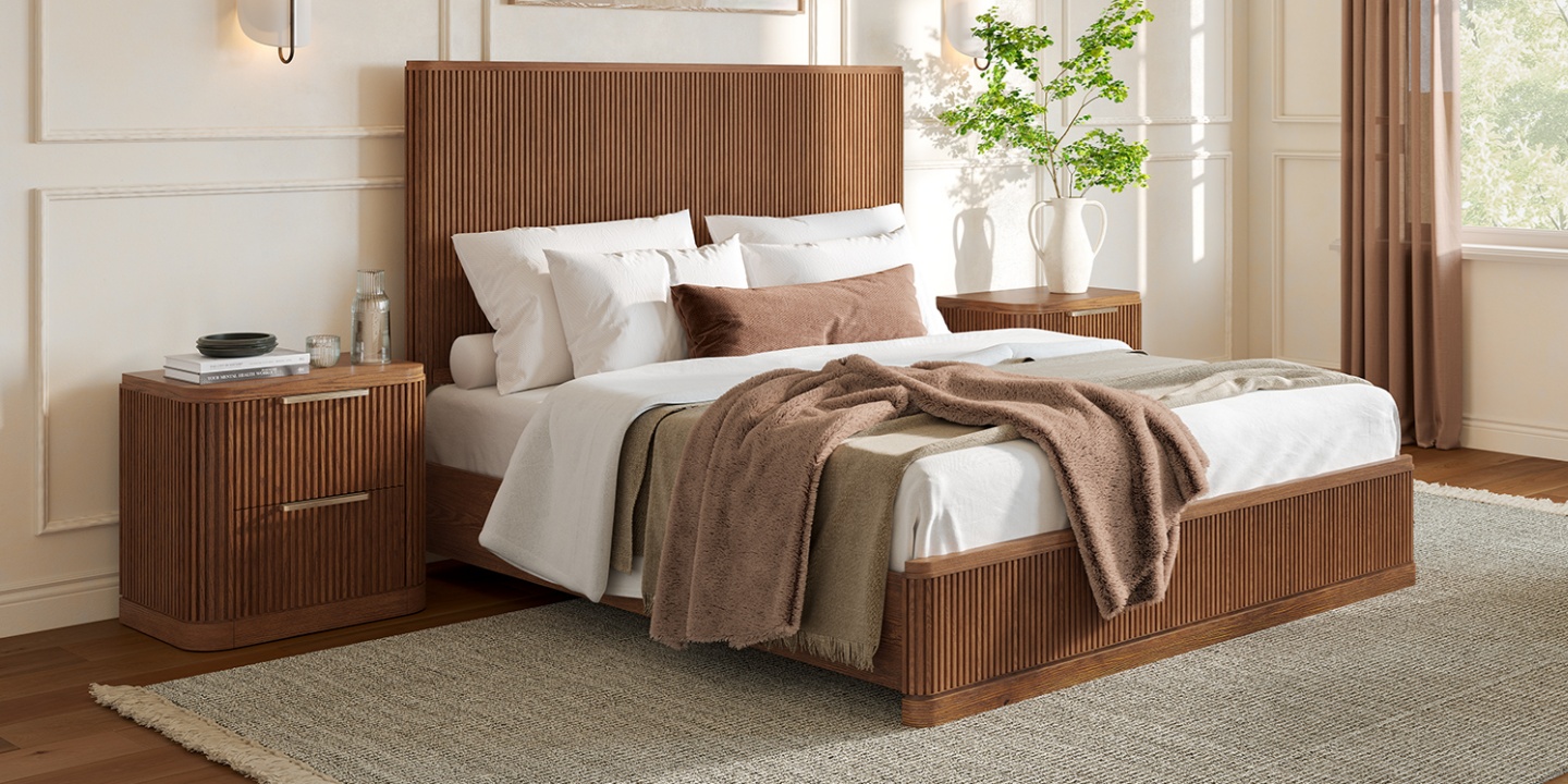 Showcasing key types of furniture, this bedroom pairs the Finnley fluted bed with matching nightstands. Showcasing key types of furniture, this bedroom pairs the Finnley fluted bed with matching nightstands.