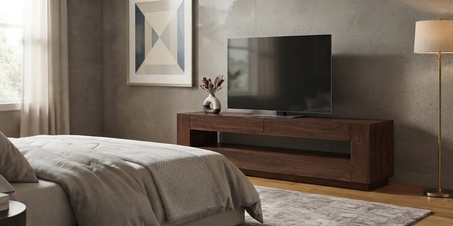 In a tranquil bedroom setting, the Torben 70" old elm media console functions as a rustic bedroom tv stand. In a tranquil bedroom setting, the Torben 70" old elm media console functions as a rustic bedroom tv stand.