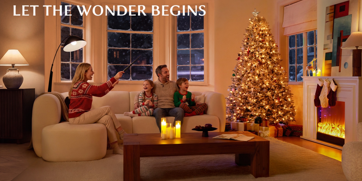 Positioned perfectly beside the fireplace and window, the glowing Christmas tree creates a warm focal point in the room. Positioned perfectly beside the fireplace and window, the glowing Christmas tree creates a warm focal point in the room.