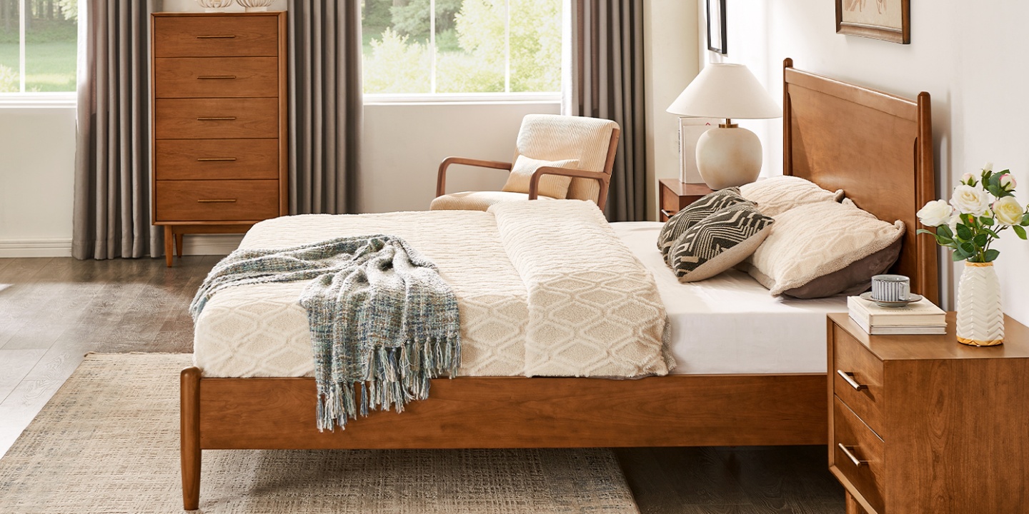 California mid-century modern bedroom featuring the Kaden Mid-Century Queen Size Bed with a wooden frame. California mid-century modern bedroom featuring the Kaden Mid-Century Queen Size Bed with a wooden frame.
