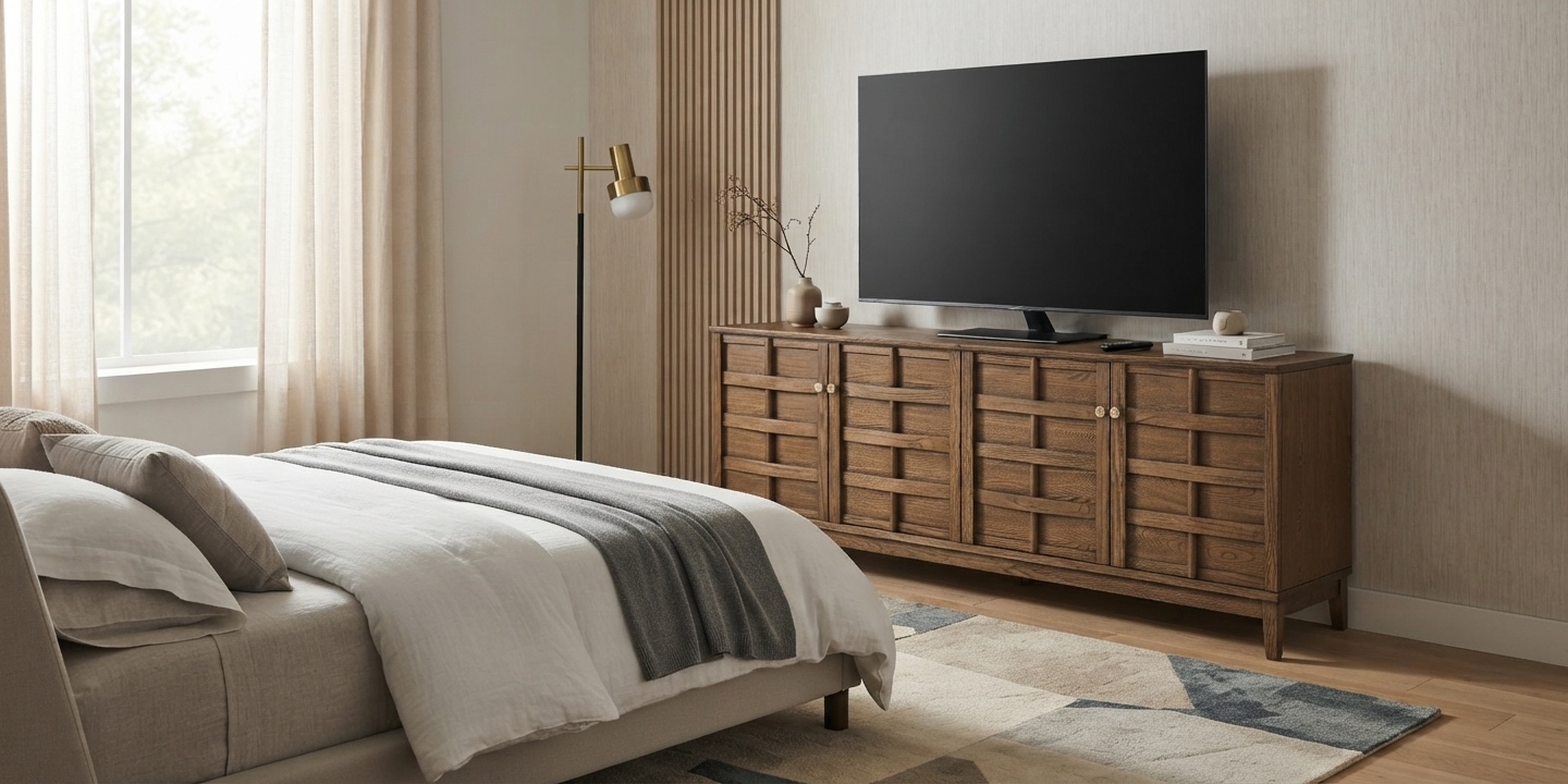 Serving as a stylish bedroom tv stand, the Willow 78" elm media console adds textured gridwork and rustic warmth. Serving as a stylish bedroom tv stand, the Willow 78" elm media console adds textured gridwork and rustic warmth.