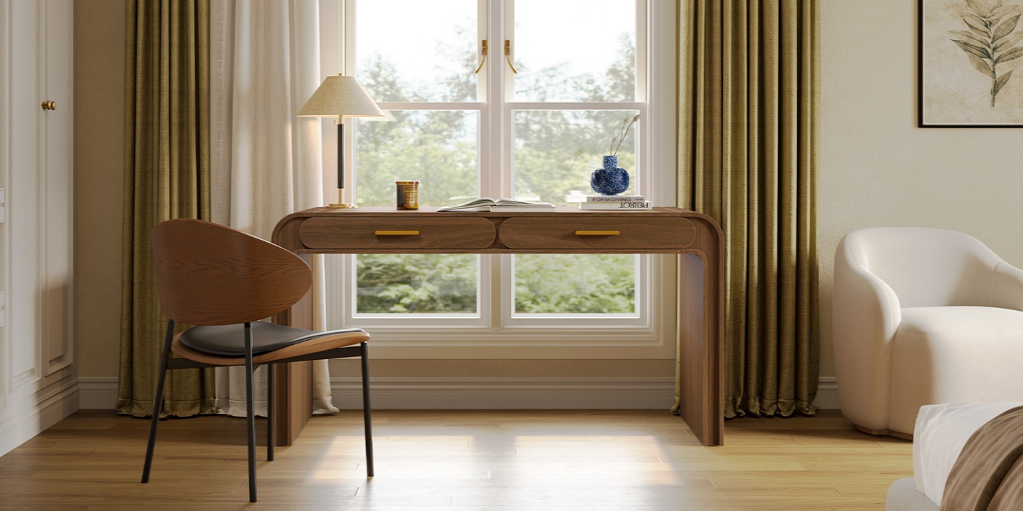 Designed at a desk height of 31.1", the Simpdi 60" oak desk is paired with a chair and lamp by a bright window. Designed at a desk height of 31.1", the Simpdi 60" oak desk is paired with a chair and lamp by a bright window.