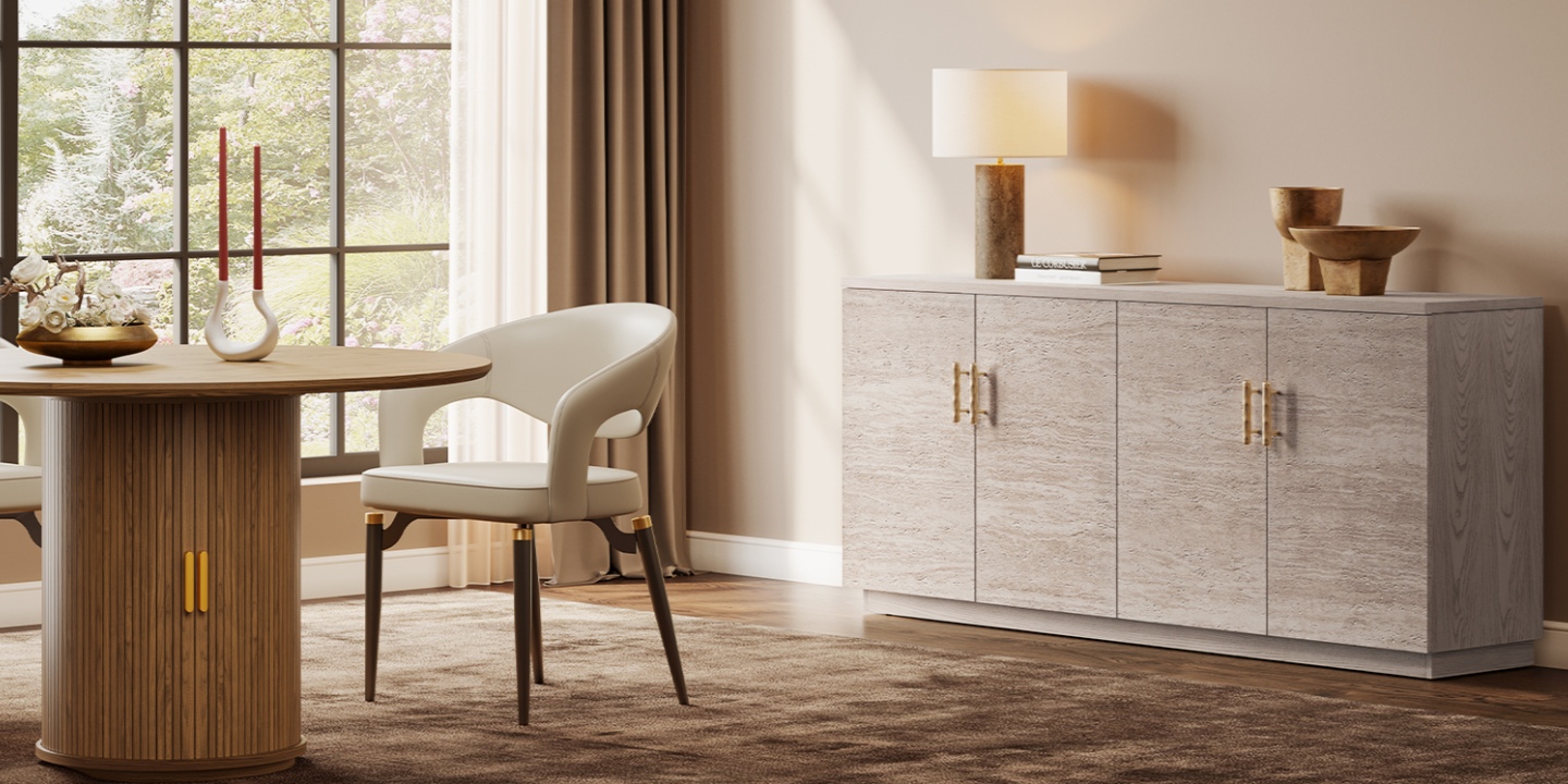 Highlighting various types of furniture, this dining room features a dining table, chairs, and the Renata sideboard. Highlighting various types of furniture, this dining room features a dining table, chairs, and the Renata sideboard.