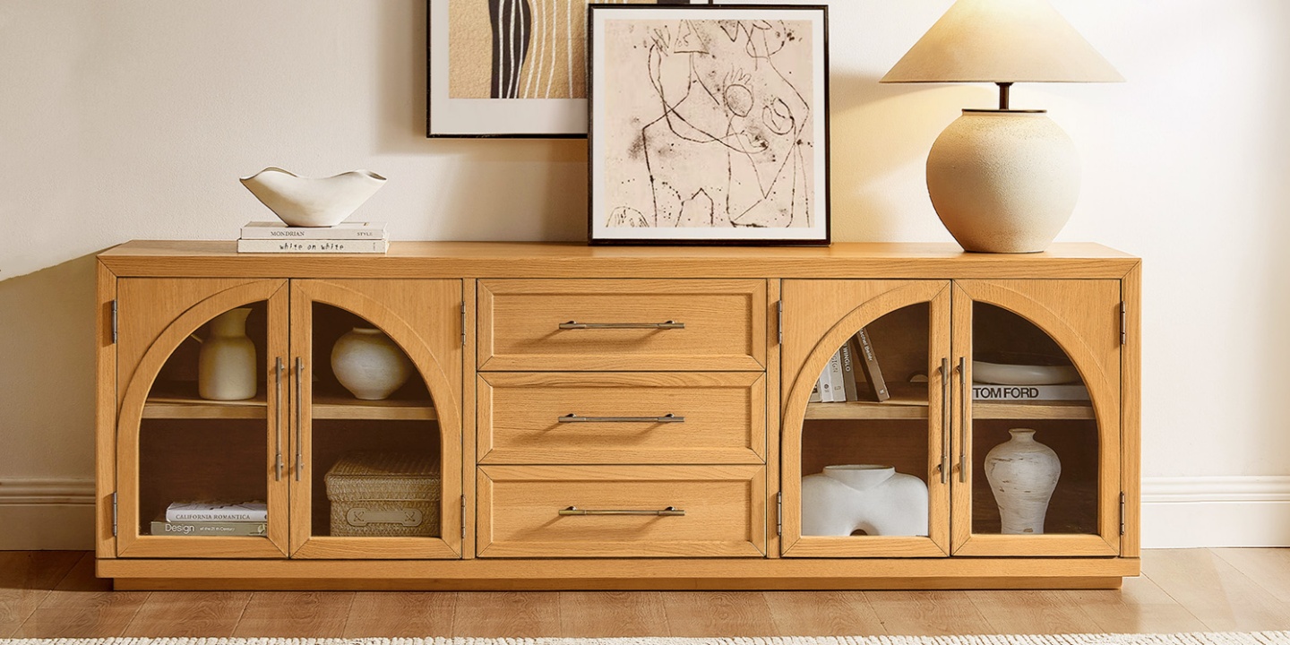 Furniture for Philadelphia homes featuring the Valborg 80 inch oak media console with arched glass doors and handles. Furniture for Philadelphia homes featuring the Valborg 80 inch oak media console with arched glass doors and handles.