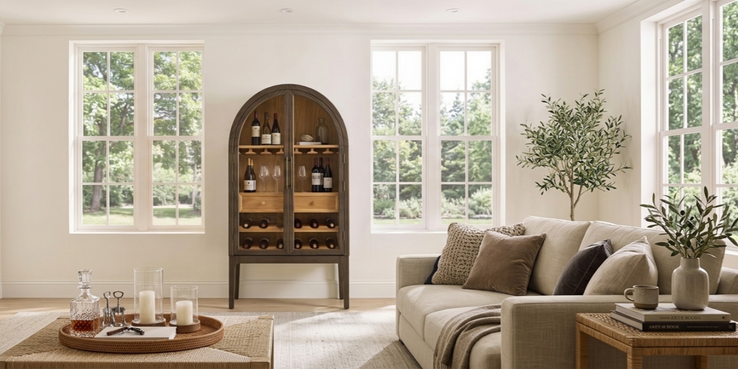 In a bright living room, the Valborg oak bar cabinet with arched glass doors is paired with a sofa and coffee table. In a bright living room, the Valborg oak bar cabinet with arched glass doors is paired with a sofa and coffee table.