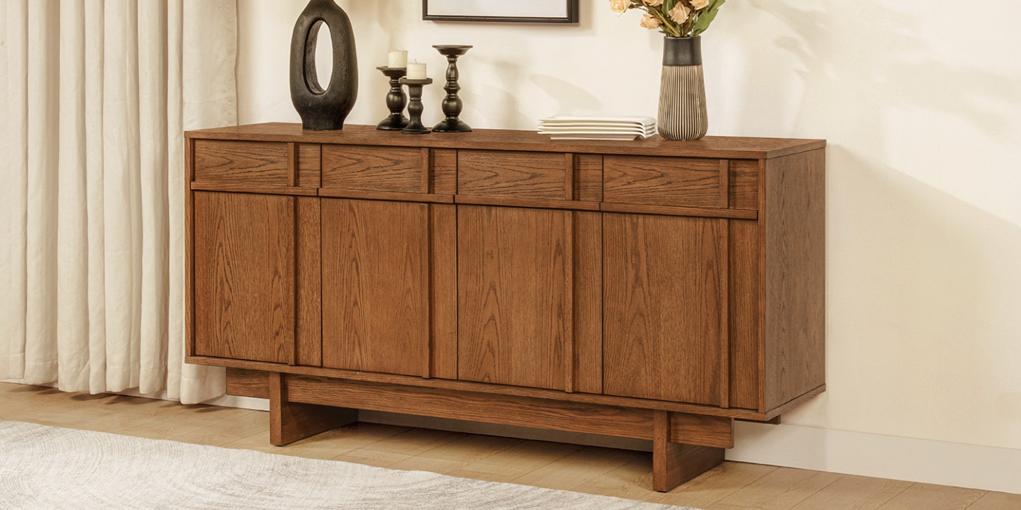 Mid century modern home design for Virginia featuring the Ragnar 72 inch wood sideboard styled with black vases, candles, and neutral decor.