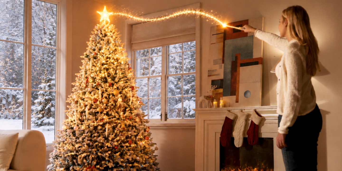 A woman controls the Christmas tree lights using magic wand gestures A woman controls the Christmas tree lights using magic wand gestures
