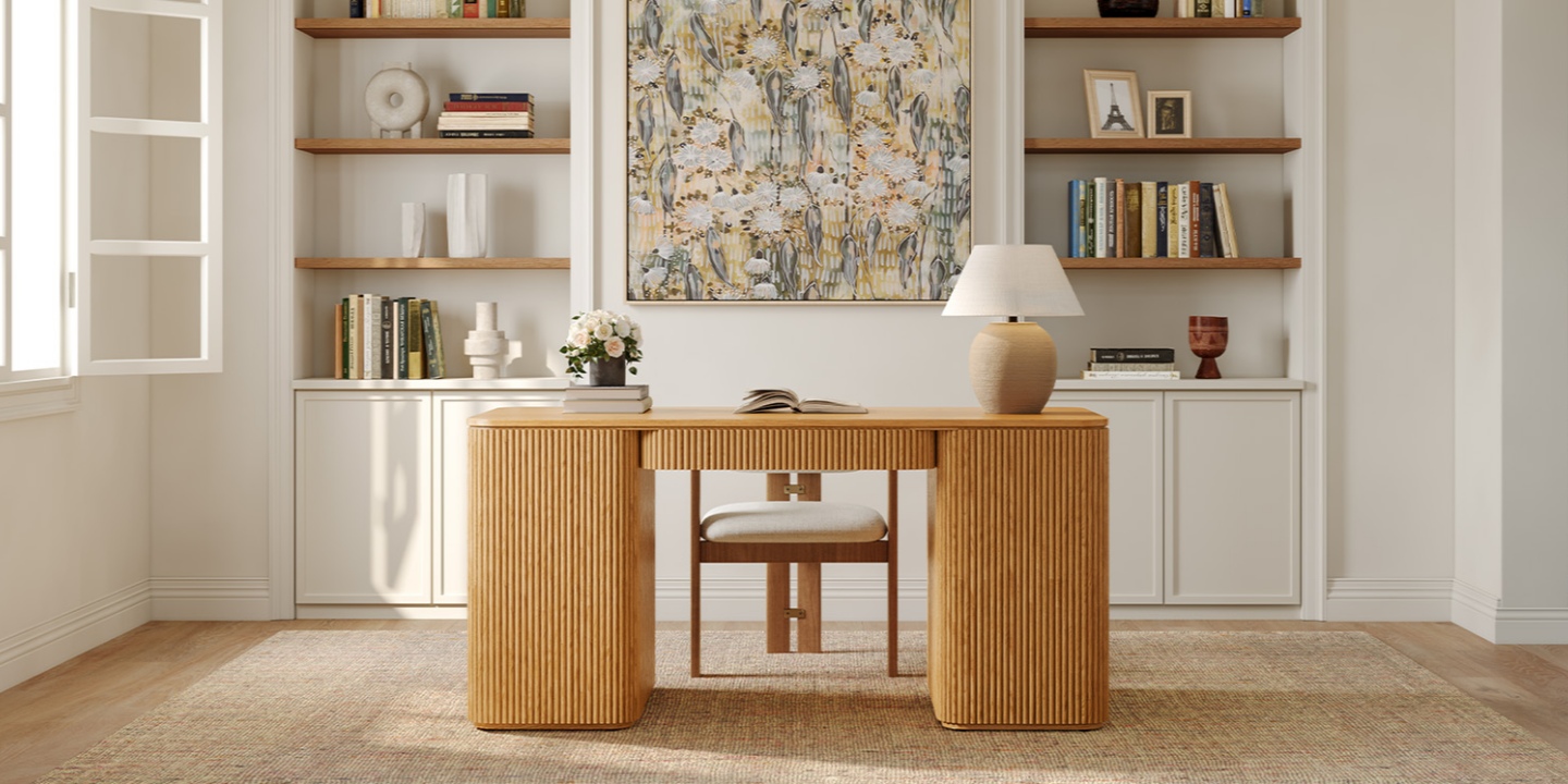 Highlighting various types of furniture, this home office features built-in shelving, a chair, and a home office desk. Highlighting various types of furniture, this home office features built-in shelving, a chair, and a home office desk.