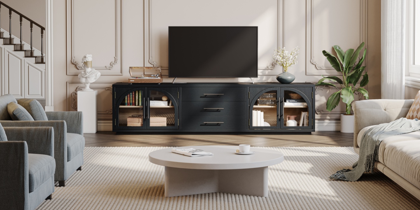 Valborg black oak media console styled as one of the best tv stands in an elegant, sunlit living room setup. Valborg black oak media console styled as one of the best tv stands in an elegant, sunlit living room setup.