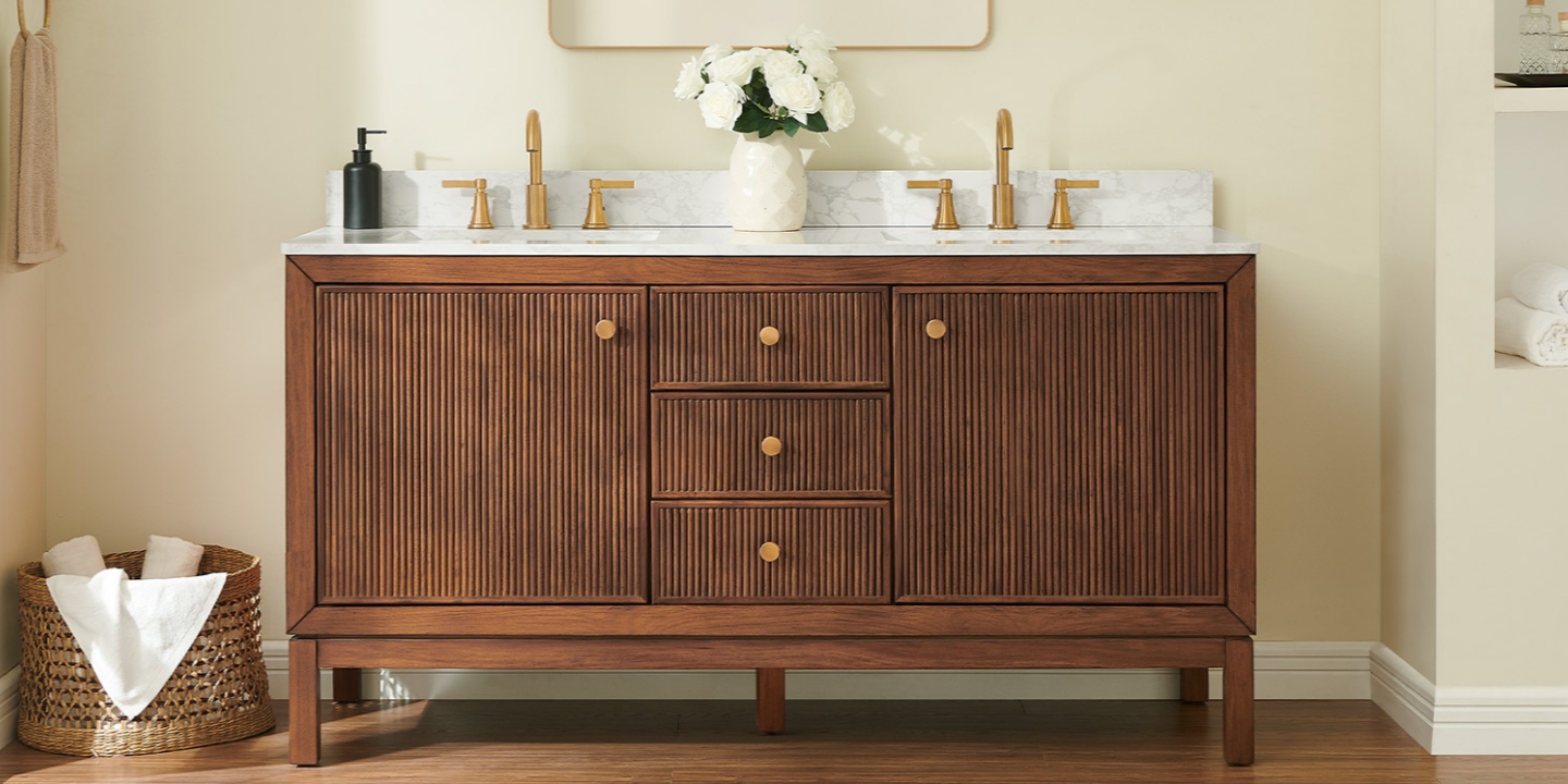 The 63-inch Alva double bathroom vanity showcases fluted wood panels and dual sinks in a bright setting. The 63-inch Alva double bathroom vanity showcases fluted wood panels and dual sinks in a bright setting.