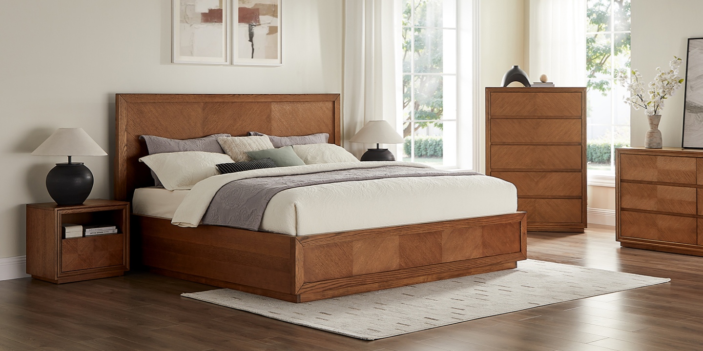 A wooden mid-century modern nightstand with a parquet pattern and an open shelf, topped by a black lamp. A wooden mid-century modern nightstand with a parquet pattern and an open shelf, topped by a black lamp.