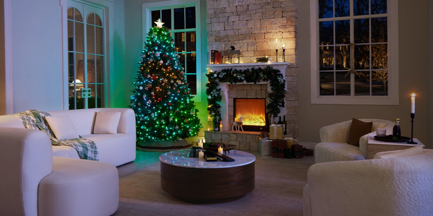 A beautifully decorated Christmas tree adorned with colorful lights and ornaments, positioned in front of a cozy living room fireplace with a burlap tree skirt and a pile of wrapped gifts. A beautifully decorated Christmas tree adorned with colorful lights and ornaments, positioned in front of a cozy living room fireplace with a burlap tree skirt and a pile of wrapped gifts.
