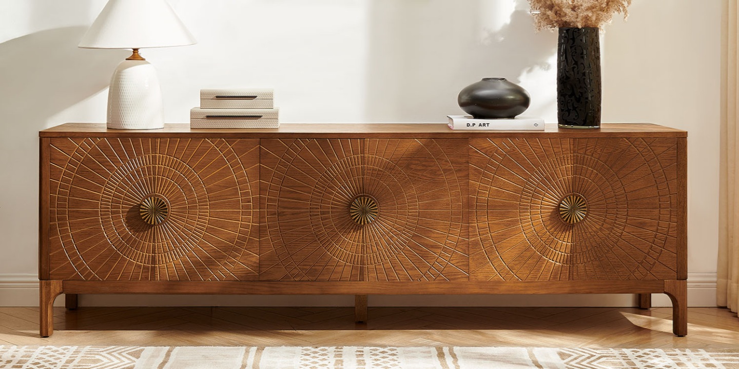 Warm brown oak Vigdis 84-inch media console featuring sunburst carved doors, ideal as tv stands for 70 inch tv setups.