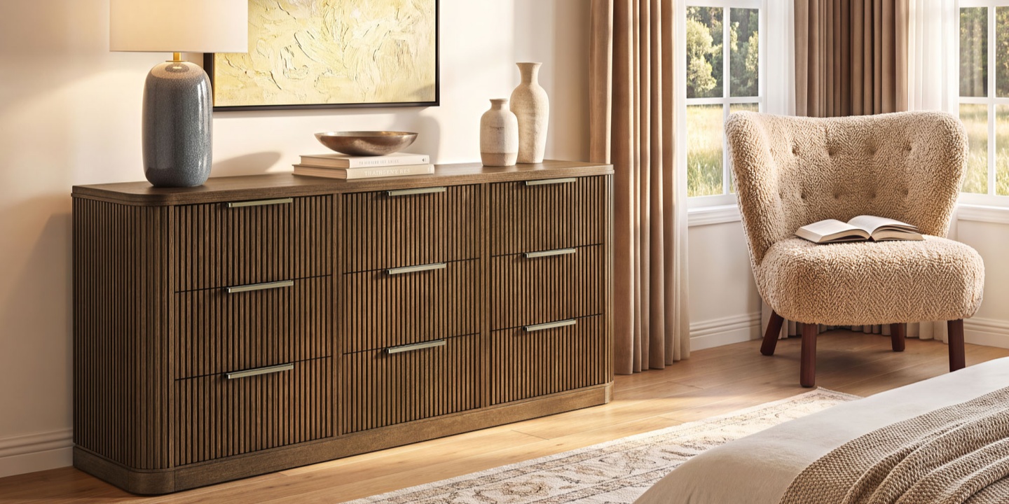This 76-inch Finnley fluted 9-drawer wooden dresser features stylish handles and tabletop decor in a bright bedroom. This 76-inch Finnley fluted 9-drawer wooden dresser features stylish handles and tabletop decor in a bright bedroom.