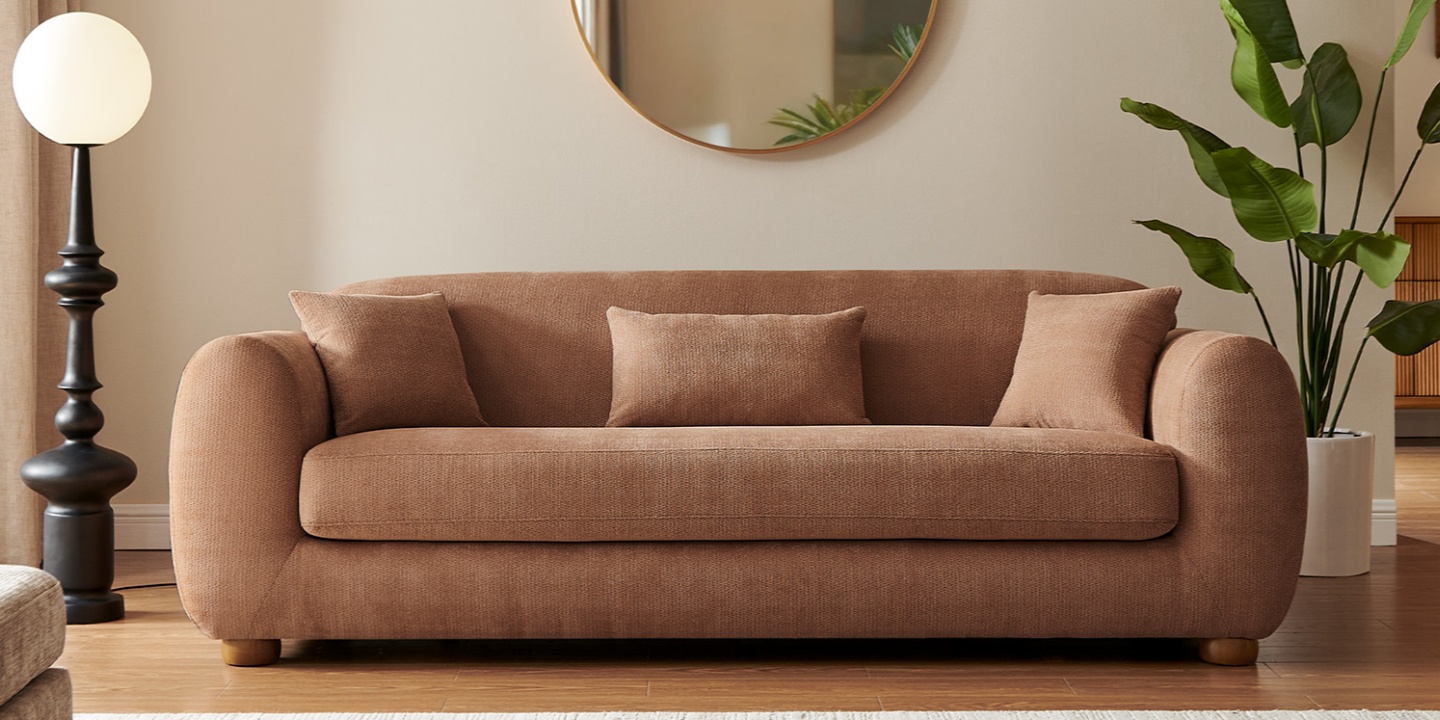 Explore second living room ideas with this brown chenille Frosta sofa, styled with a modern lamp and plant. Explore second living room ideas with this brown chenille Frosta sofa, styled with a modern lamp and plant.