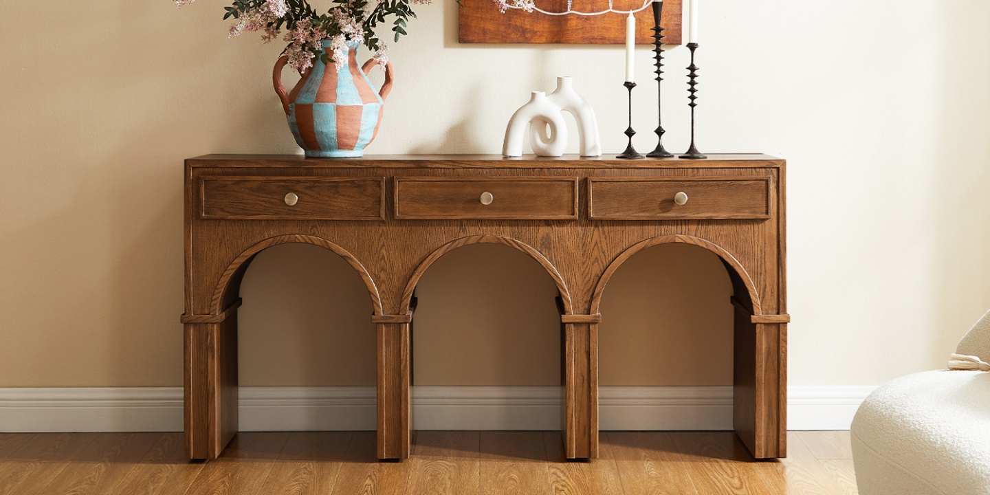 Discover console table decoration ideas using this arched oak Solvind table styled with a patterned vase and candles. Discover console table decoration ideas using this arched oak Solvind table styled with a patterned vase and candles.