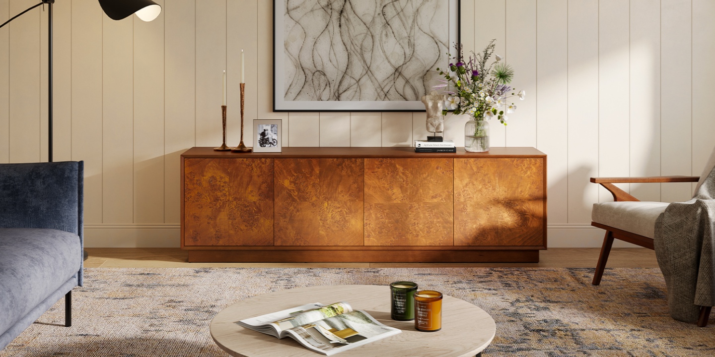 Featuring a 78.7-inch tv stand width, this Bodil burl media console showcases rich wood grain and four cabinet doors. Featuring a 78.7-inch tv stand width, this Bodil burl media console showcases rich wood grain and four cabinet doors.