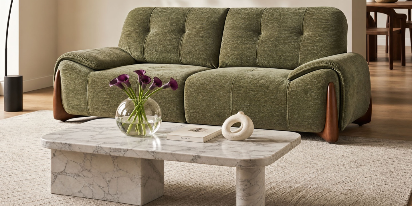 This juniper chenille wood frame sofa features a tufted backrest and warm wooden side accents in a cozy room. This juniper chenille wood frame sofa features a tufted backrest and warm wooden side accents in a cozy room.