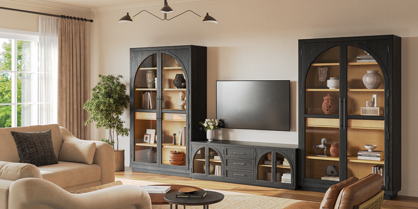 An expansive mcm entertainment center featuring a central media console and matching tall arched glass-door cabinets. An expansive mcm entertainment center featuring a central media console and matching tall arched glass-door cabinets.