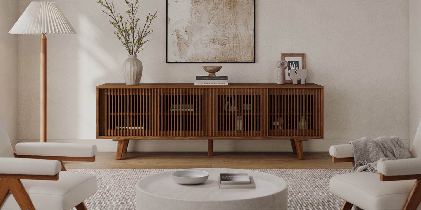 This generous 84-inch tv stand width accommodates large displays, featuring an MCM slatted wooden design. This generous 84-inch tv stand width accommodates large displays, featuring an MCM slatted wooden design.