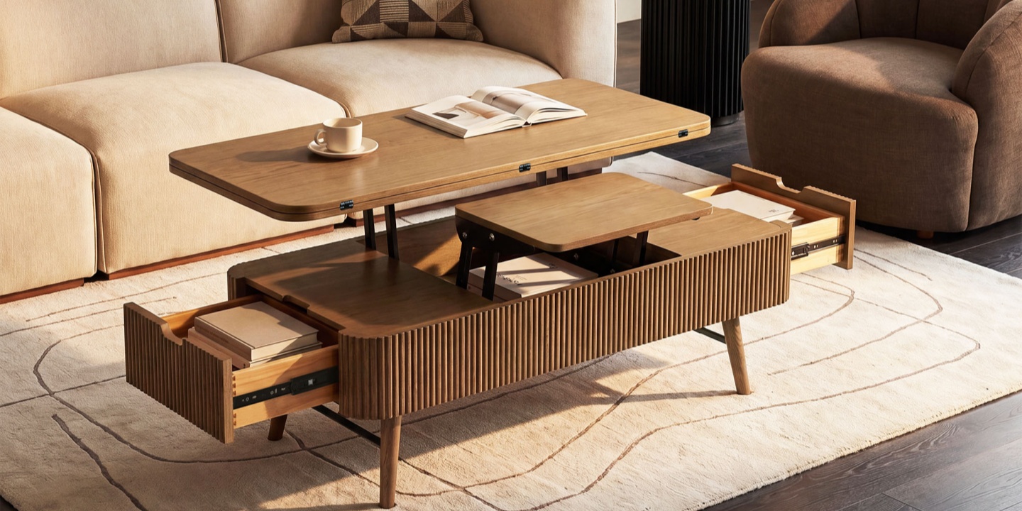 A small coffee table with storage featuring a lift-top design, open drawers, and fluted oak in a modern living room.