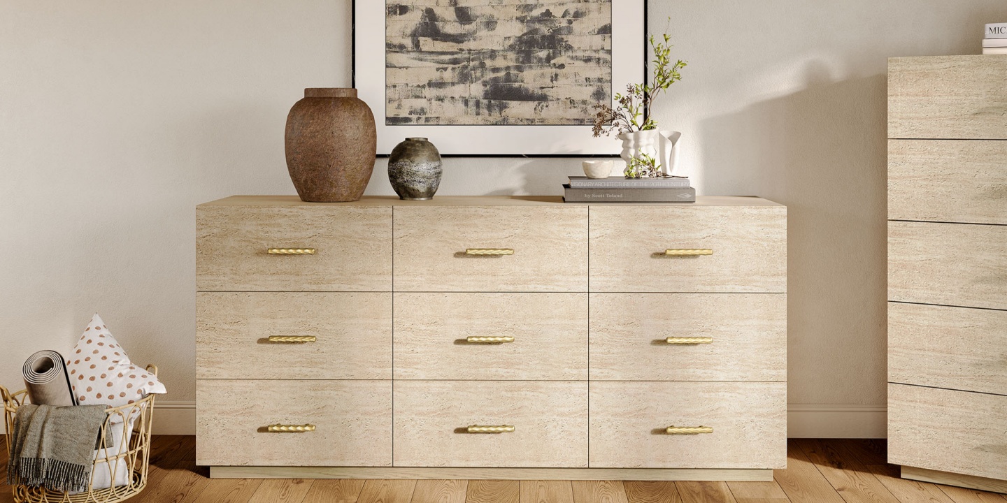 Compare chest vs dresser styles with this wide Renata 80-inch travertine-textured 9-drawer dresser and tall matching chest. Compare chest vs dresser styles with this wide Renata 80-inch travertine-textured 9-drawer dresser and tall matching chest.