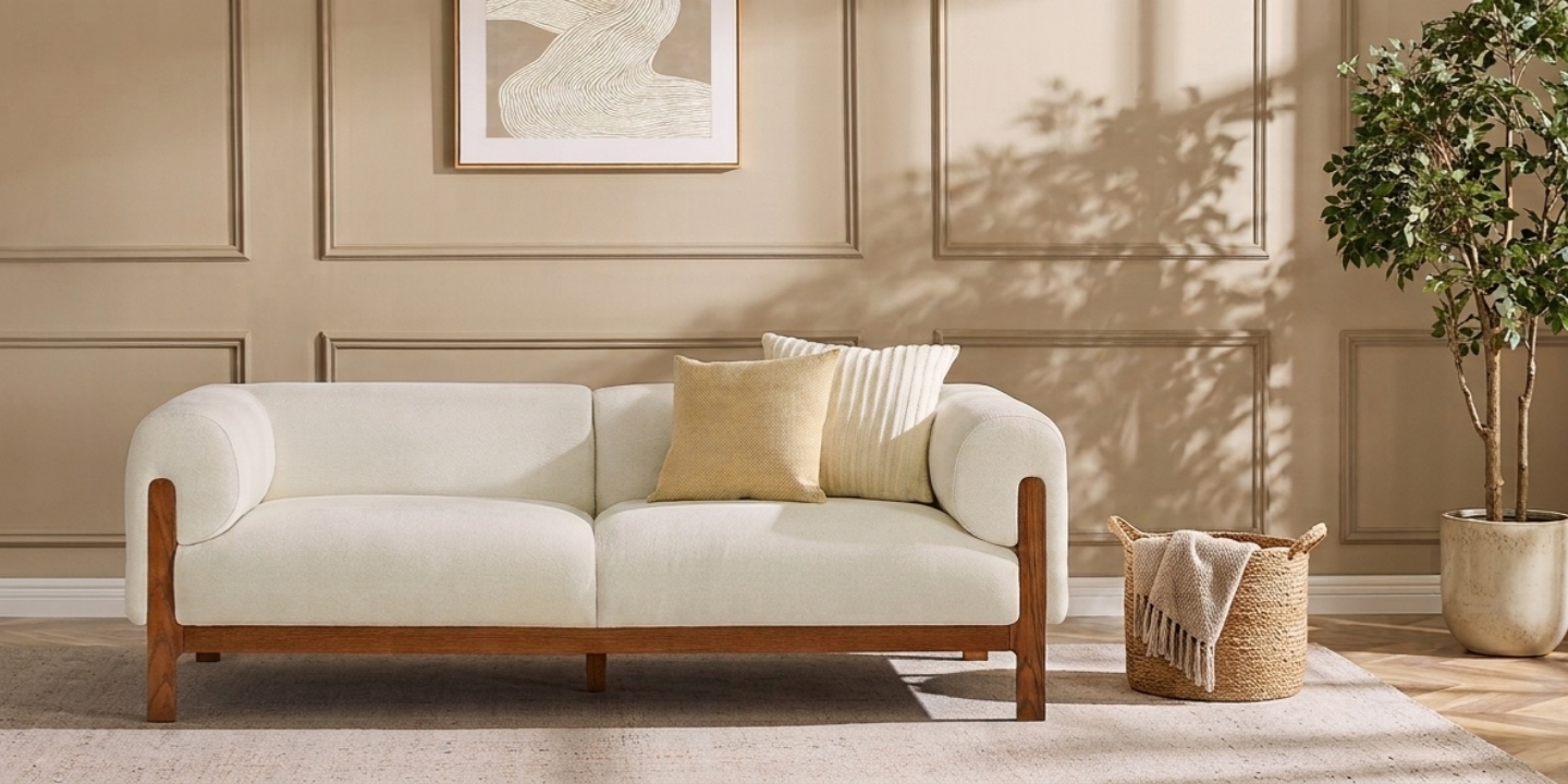 A comfortable wood frame sofa in vaporous gray cotton fabric with warm ash wood accents, rounded armrests, and decorative pillows. A comfortable wood frame sofa in vaporous gray cotton fabric with warm ash wood accents, rounded armrests, and decorative pillows.