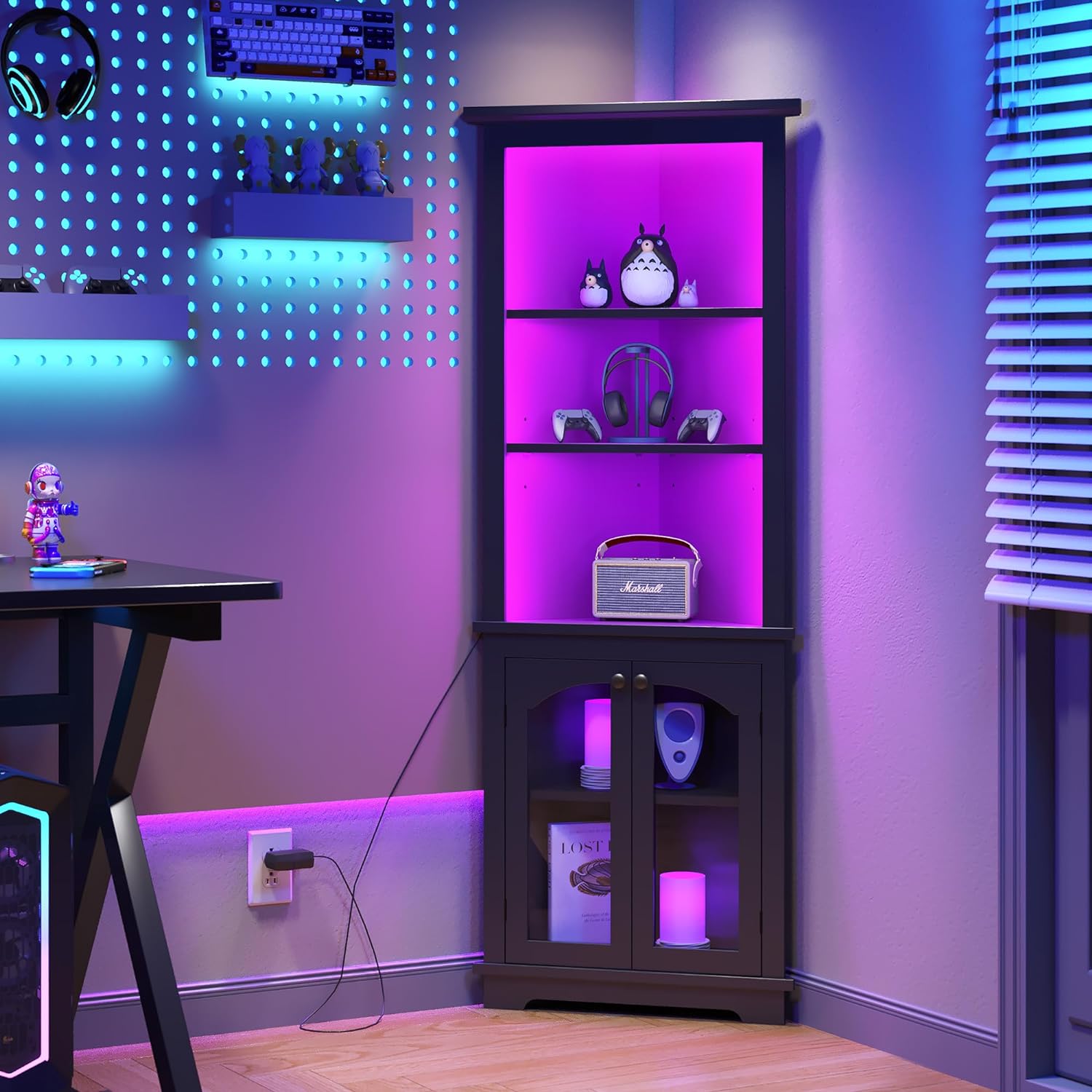 Yitahome 64" Tall Corner Storage with LED Light, Doors and